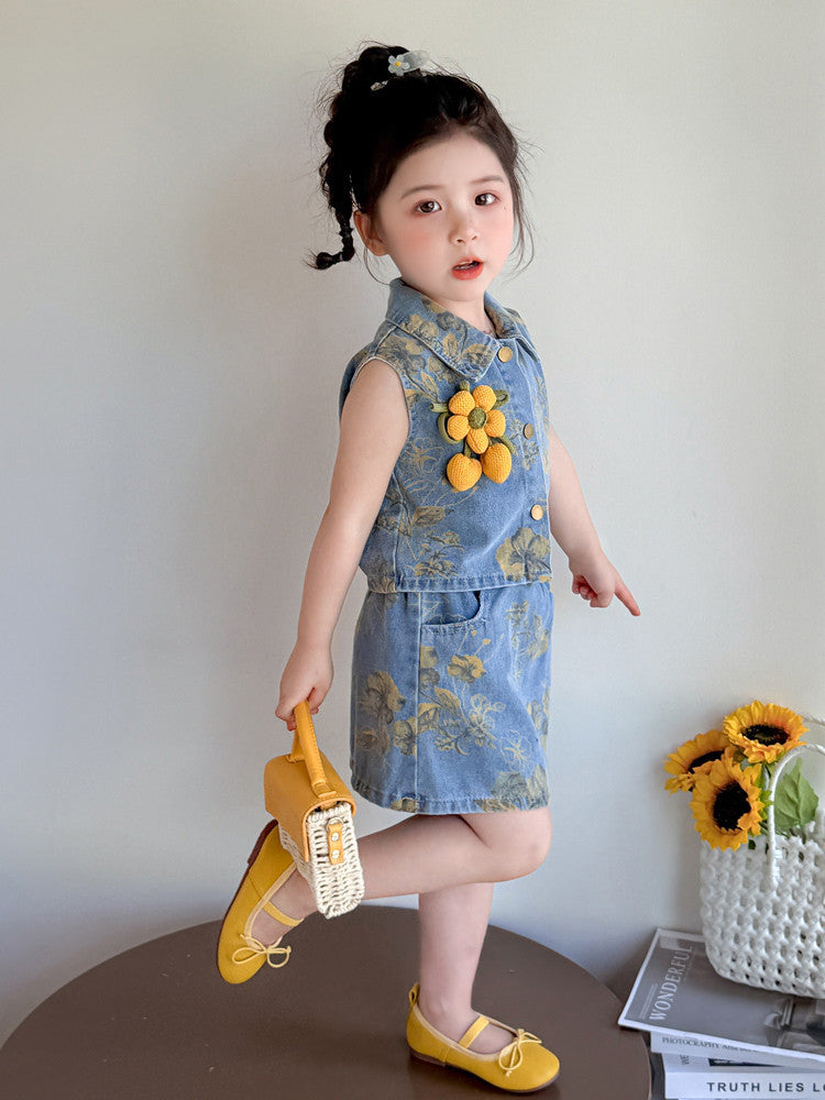 [363842] - One Set 2in1  Baju Setelan Atasan Rompi Denim Lengan Kutung Bawahan Rok Denim Fashion Anak Perempuan - Motif Yellow Flowers - BABYHOKI STORE