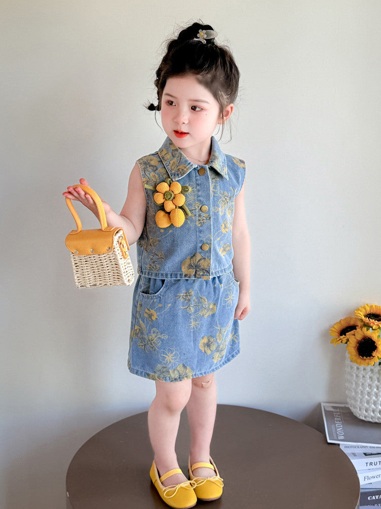 [363842] - One Set 2in1  Baju Setelan Atasan Rompi Denim Lengan Kutung Bawahan Rok Denim Fashion Anak Perempuan - Motif Yellow Flowers - BABYHOKI STORE