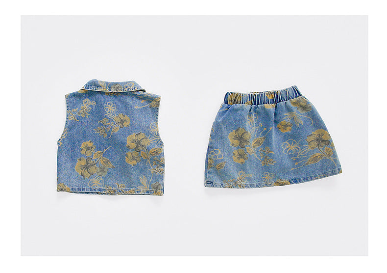 [363842] - One Set 2in1  Baju Setelan Atasan Rompi Denim Lengan Kutung Bawahan Rok Denim Fashion Anak Perempuan - Motif Yellow Flowers - BABYHOKI STORE