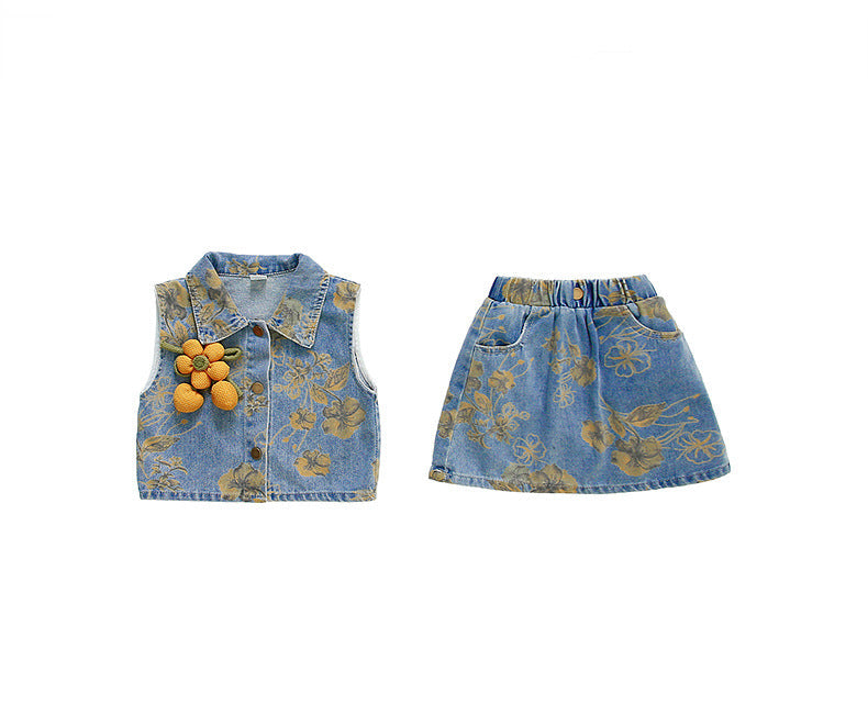 [363842] - One Set 2in1  Baju Setelan Atasan Rompi Denim Lengan Kutung Bawahan Rok Denim Fashion Anak Perempuan - Motif Yellow Flowers - BABYHOKI STORE
