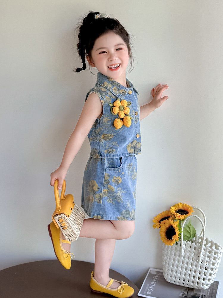 [363842] - One Set 2in1  Baju Setelan Atasan Rompi Denim Lengan Kutung Bawahan Rok Denim Fashion Anak Perempuan - Motif Yellow Flowers - BABYHOKI STORE