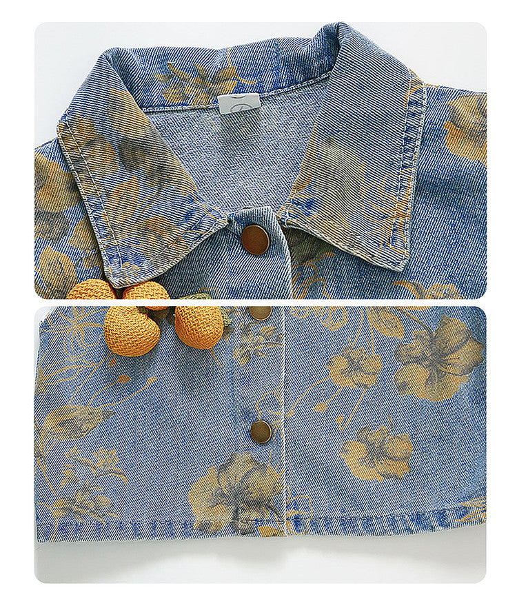 [363842] - One Set 2in1  Baju Setelan Atasan Rompi Denim Lengan Kutung Bawahan Rok Denim Fashion Anak Perempuan - Motif Yellow Flowers - BABYHOKI STORE