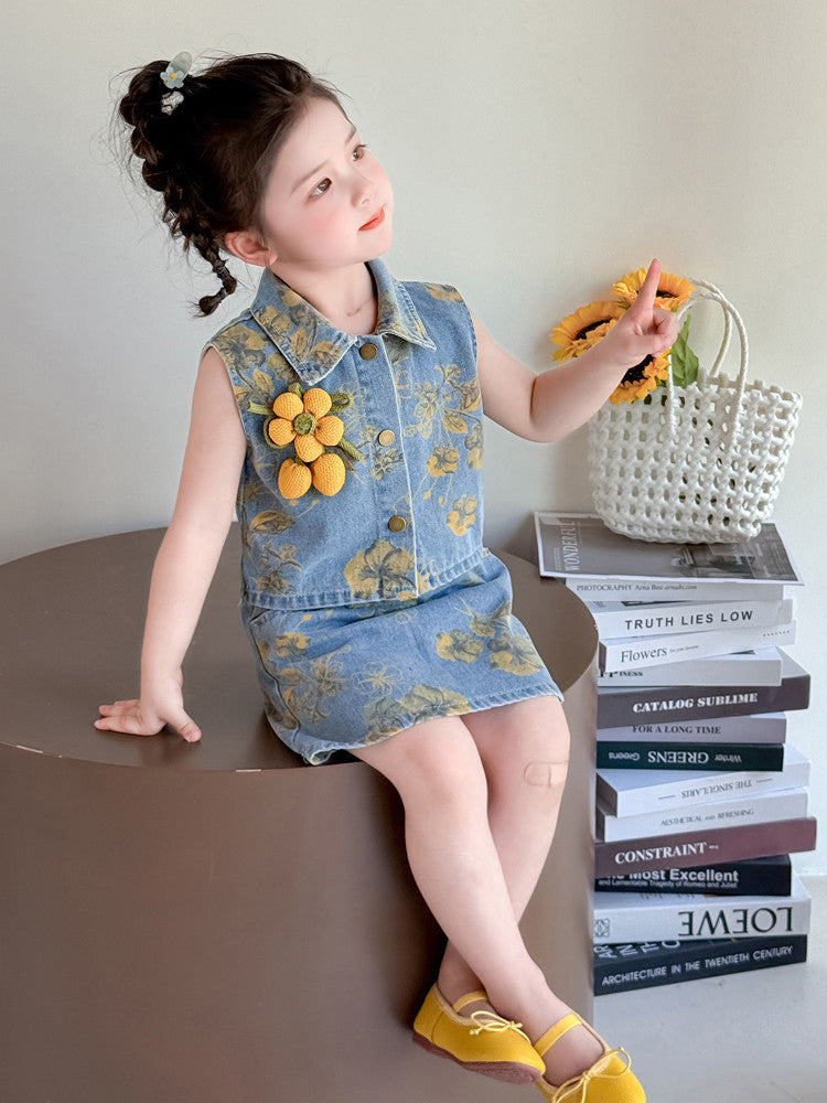[363842] - One Set 2in1  Baju Setelan Atasan Rompi Denim Lengan Kutung Bawahan Rok Denim Fashion Anak Perempuan - Motif Yellow Flowers - BABYHOKI STORE