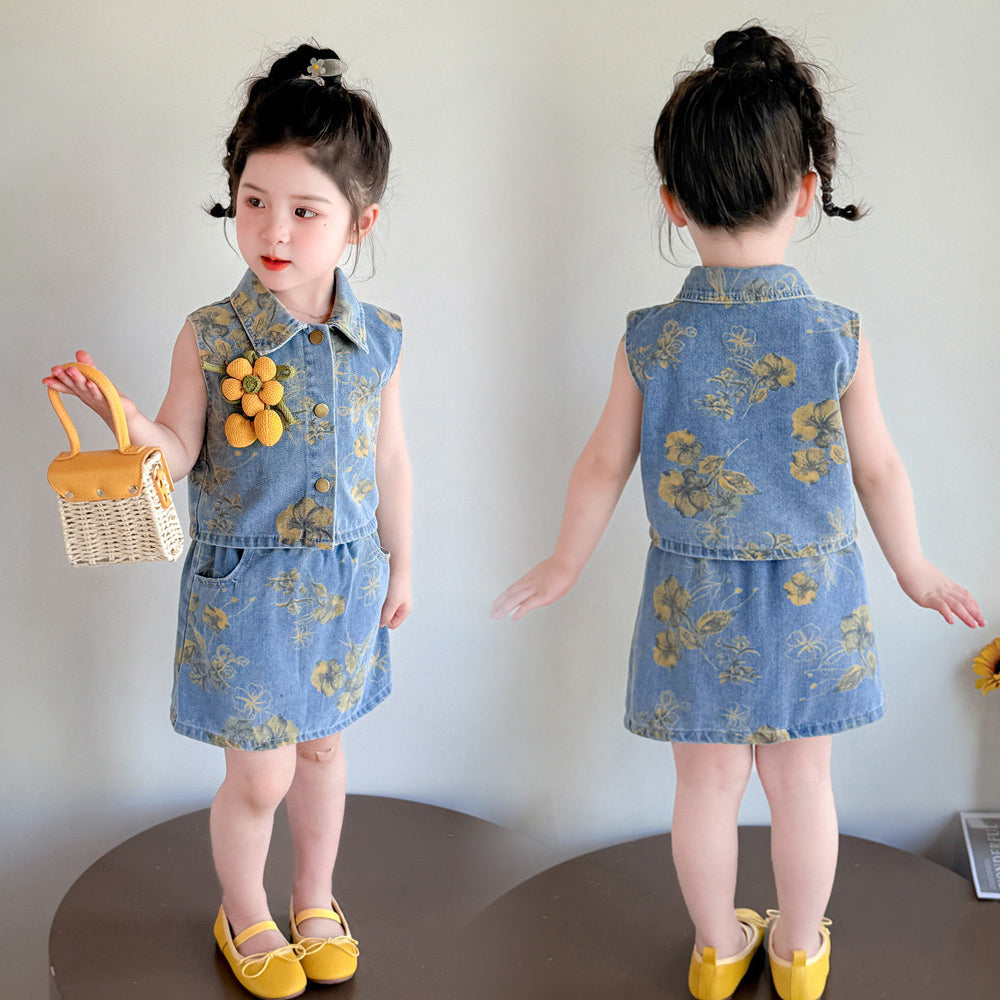 [363842] - One Set 2in1  Baju Setelan Atasan Rompi Denim Lengan Kutung Bawahan Rok Denim Fashion Anak Perempuan - Motif Yellow Flowers - BABYHOKI STORE