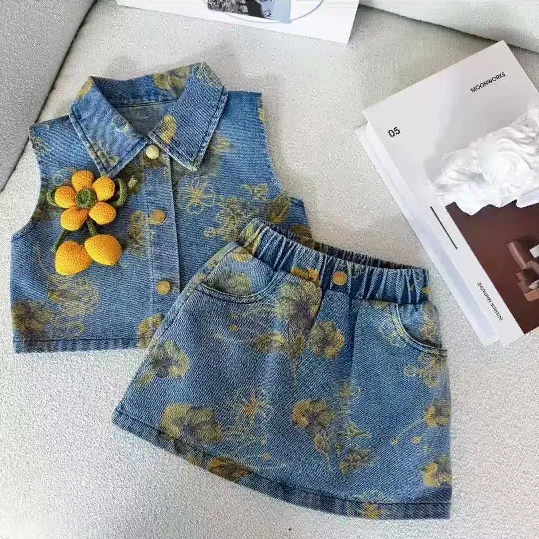 [363842] - One Set 2in1  Baju Setelan Atasan Rompi Denim Lengan Kutung Bawahan Rok Denim Fashion Anak Perempuan - Motif Yellow Flowers - BABYHOKI STORE