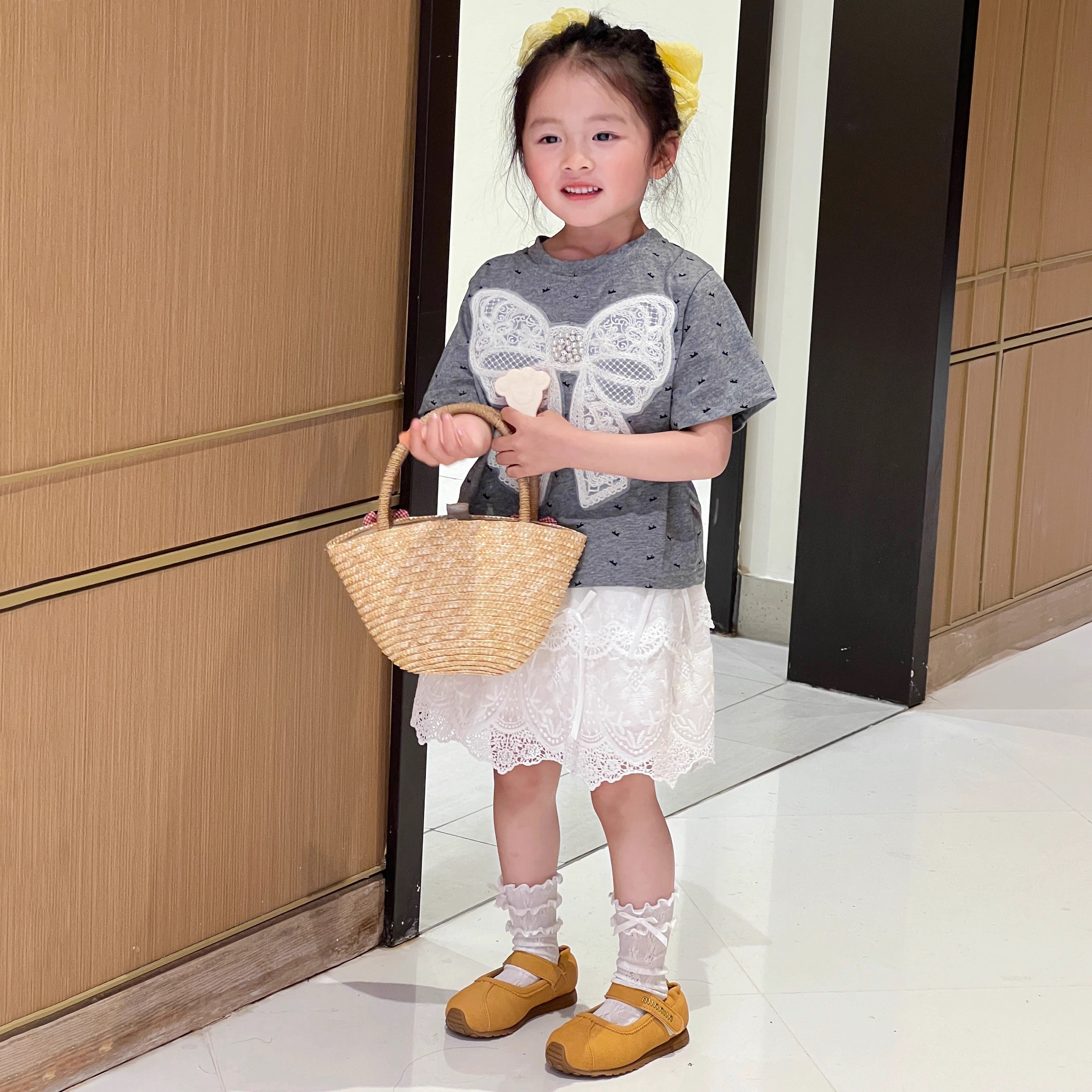 [363843] - Setelan Baju Atasan Kaos Lengan Pendek Bawahan Rok Renda Fashion Anak Perempuan - Motif Big Ribbon - BABYHOKI STORE