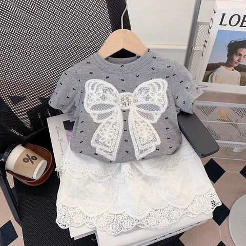 [363843] - Setelan Baju Atasan Kaos Lengan Pendek Bawahan Rok Renda Fashion Anak Perempuan - Motif Big Ribbon - BABYHOKI STORE