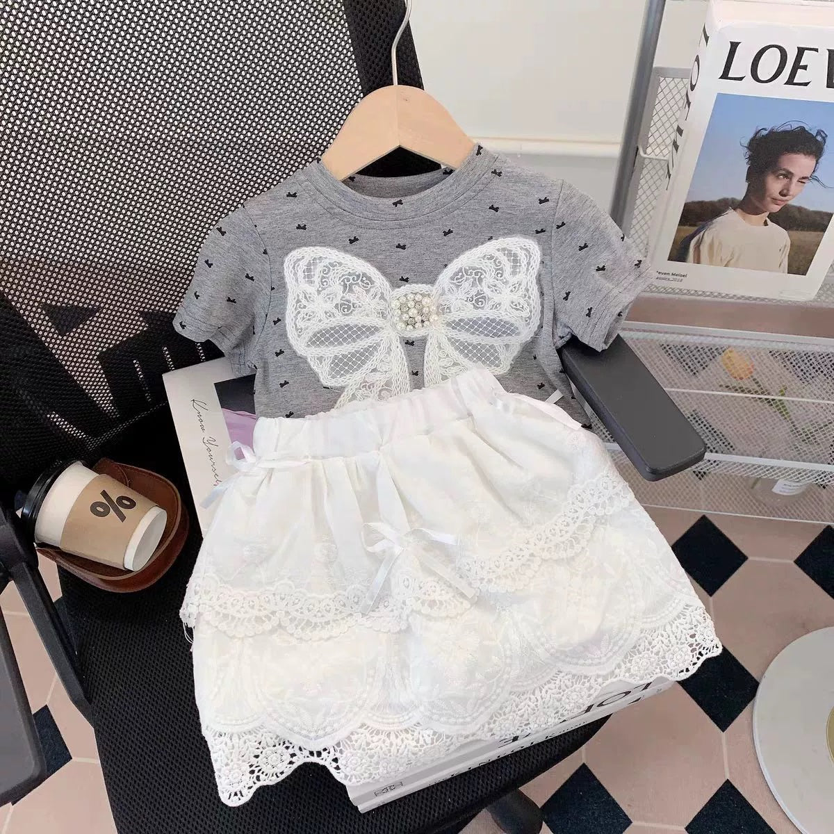 [363843] - Setelan Baju Atasan Kaos Lengan Pendek Bawahan Rok Renda Fashion Anak Perempuan - Motif Big Ribbon - BABYHOKI STORE