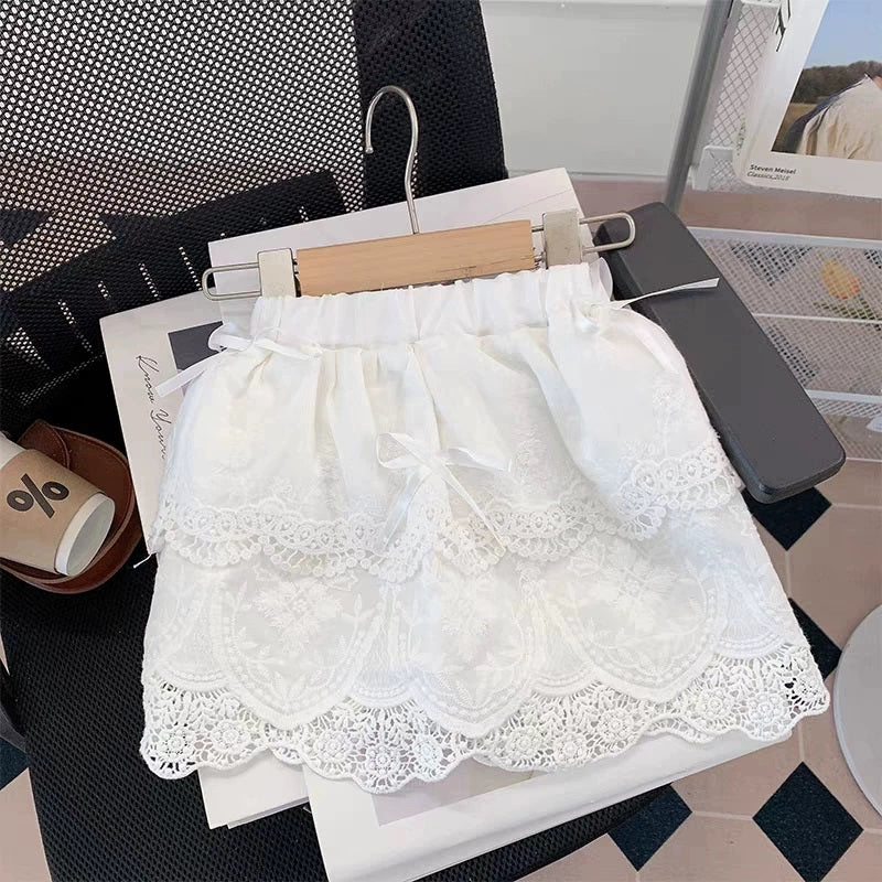 [363843] - Setelan Baju Atasan Kaos Lengan Pendek Bawahan Rok Renda Fashion Anak Perempuan - Motif Big Ribbon - BABYHOKI STORE