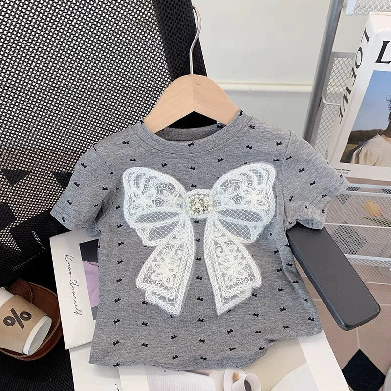 [363843] - Setelan Baju Atasan Kaos Lengan Pendek Bawahan Rok Renda Fashion Anak Perempuan - Motif Big Ribbon - BABYHOKI STORE