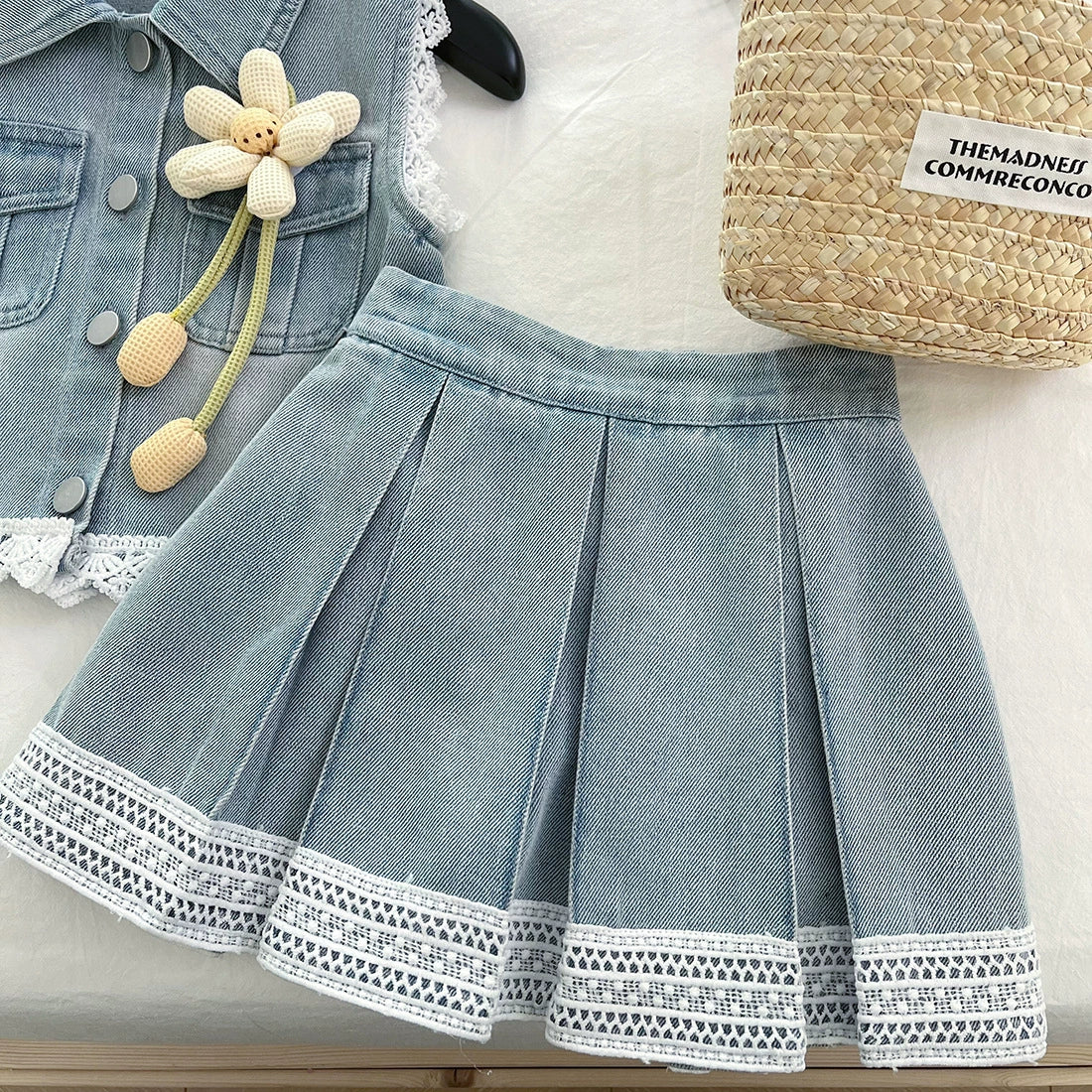 [363844] - One Set 2in1 Baju Setelan Atasan Rompi Lengan Kutung Bawahan Rok Mini Plisket Fashion Anak Perempuan - Motif Lace Flower - BABYHOKI STORE