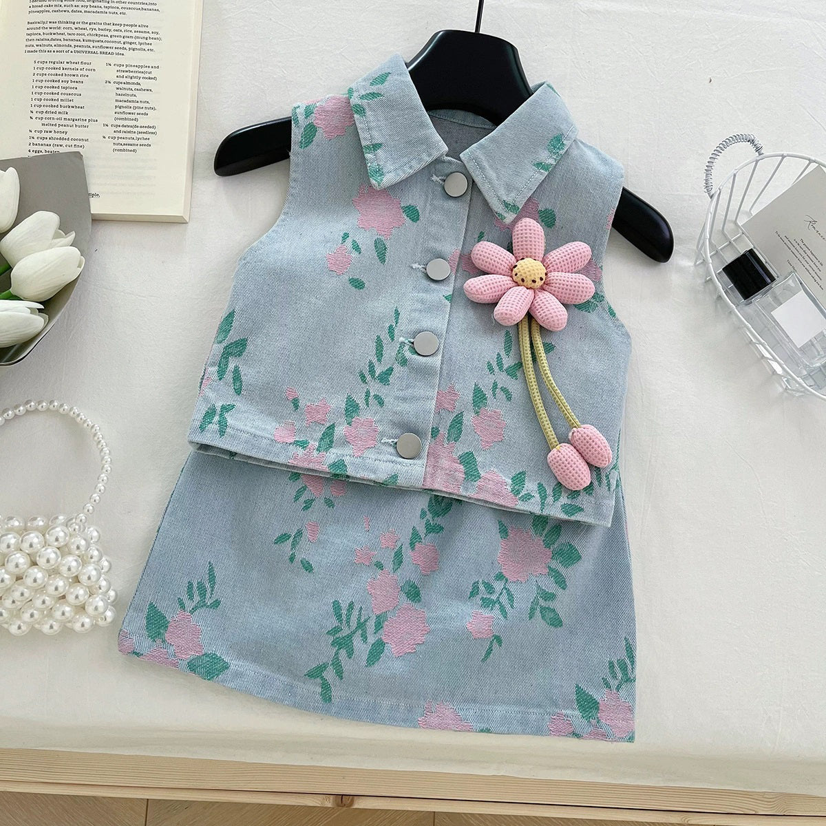 [363845] - Baju Setelan Atasan Rompi Lengan Kutung Denim Bawahan Rok Mini Fashion Anak Perempuan - Motif Flower Pink - BABYHOKI STORE