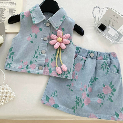 [363845] - Baju Setelan Atasan Rompi Lengan Kutung Denim Bawahan Rok Mini Fashion Anak Perempuan - Motif Flower Pink - BABYHOKI STORE