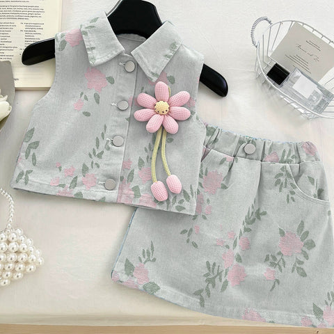 [363845] - Baju Setelan Atasan Rompi Lengan Kutung Denim Bawahan Rok Mini Fashion Anak Perempuan - Motif Flower Pink - BABYHOKI STORE