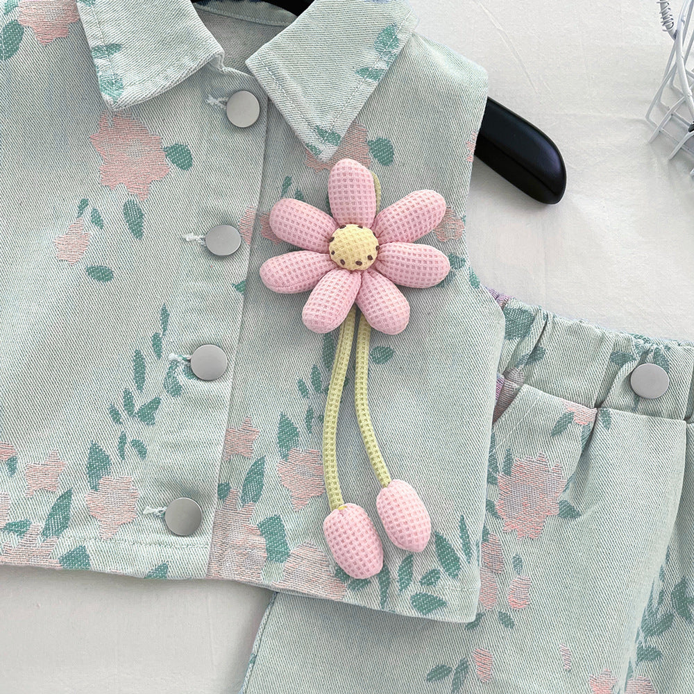 [363845] - Baju Setelan Atasan Rompi Lengan Kutung Denim Bawahan Rok Mini Fashion Anak Perempuan - Motif Flower Pink - BABYHOKI STORE