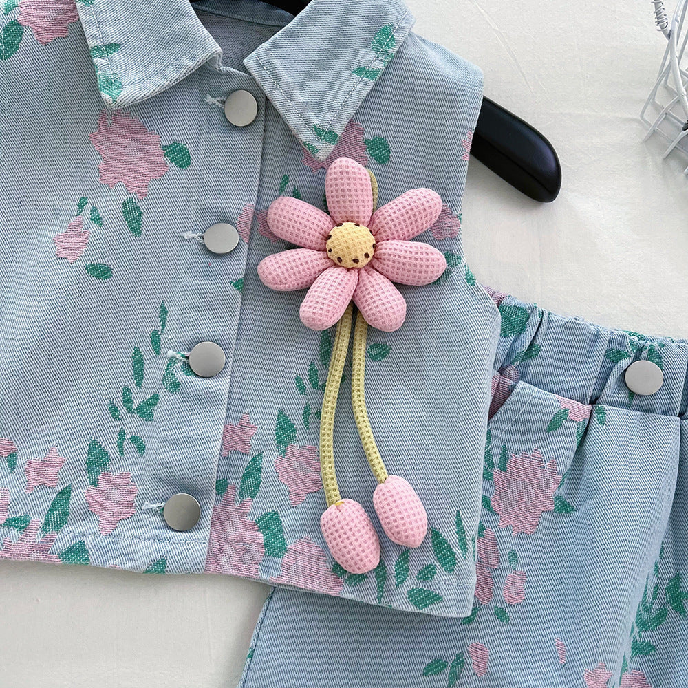 [363845] - Baju Setelan Atasan Rompi Lengan Kutung Denim Bawahan Rok Mini Fashion Anak Perempuan - Motif Flower Pink - BABYHOKI STORE