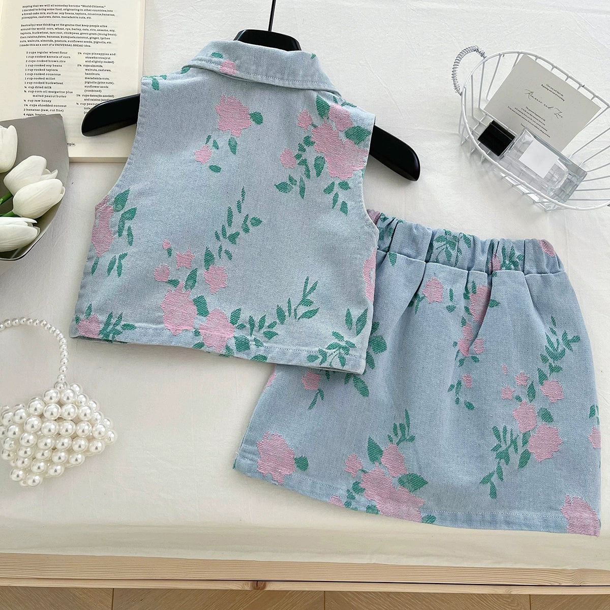 [363845] - Baju Setelan Atasan Rompi Lengan Kutung Denim Bawahan Rok Mini Fashion Anak Perempuan - Motif Flower Pink - BABYHOKI STORE