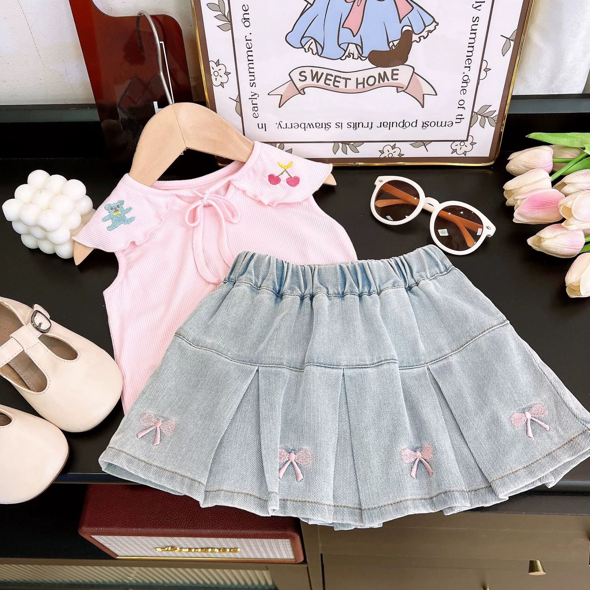 [363846] - One Set 2in1 Setelan Baju Atasan Blouse Lengan Kutung Bawahan Rok Mini Plisket Denim Fashion Anak Perempuan - Motif Renda Animal Fruit - BABYHOKI STORE