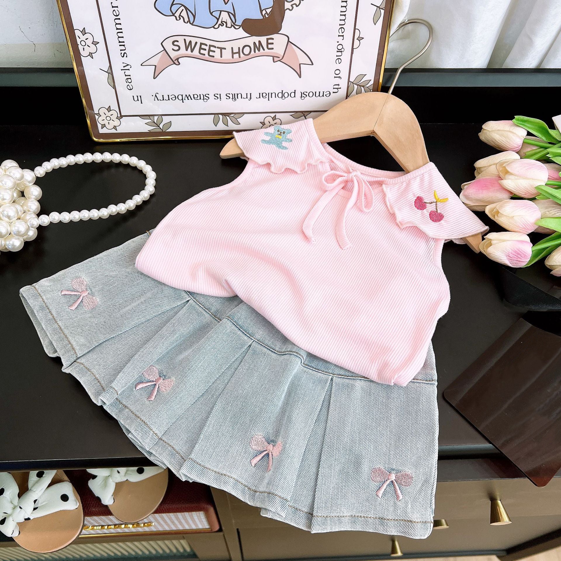 [363846] - One Set 2in1 Setelan Baju Atasan Blouse Lengan Kutung Bawahan Rok Mini Plisket Denim Fashion Anak Perempuan - Motif Renda Animal Fruit - BABYHOKI STORE