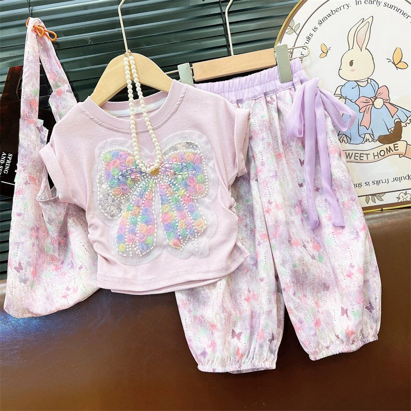 [363847] - One Set 2in1 Setelan Baju Atasan Kaos Lengan Pendek Bawahan Celana Panjang Fashion Anak Perempuan - Motif Colorful Ribbon - BABYHOKI STORE