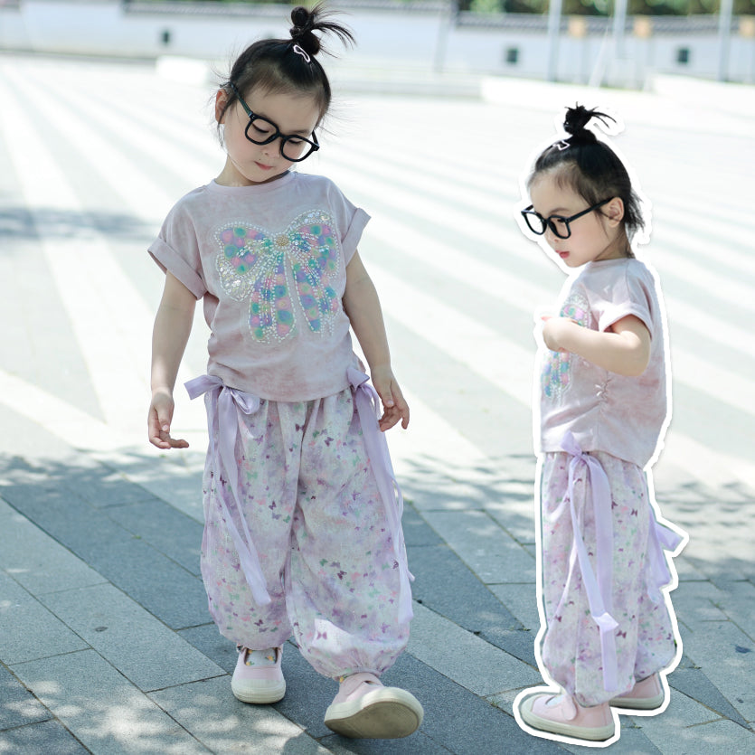 [363847] - One Set 2in1 Setelan Baju Atasan Kaos Lengan Pendek Bawahan Celana Panjang Fashion Anak Perempuan - Motif Colorful Ribbon - BABYHOKI STORE