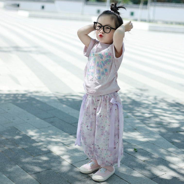 [363847] - One Set 2in1 Setelan Baju Atasan Kaos Lengan Pendek Bawahan Celana Panjang Fashion Anak Perempuan - Motif Colorful Ribbon - BABYHOKI STORE