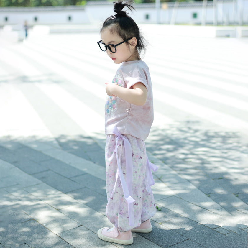 [363847] - One Set 2in1 Setelan Baju Atasan Kaos Lengan Pendek Bawahan Celana Panjang Fashion Anak Perempuan - Motif Colorful Ribbon - BABYHOKI STORE