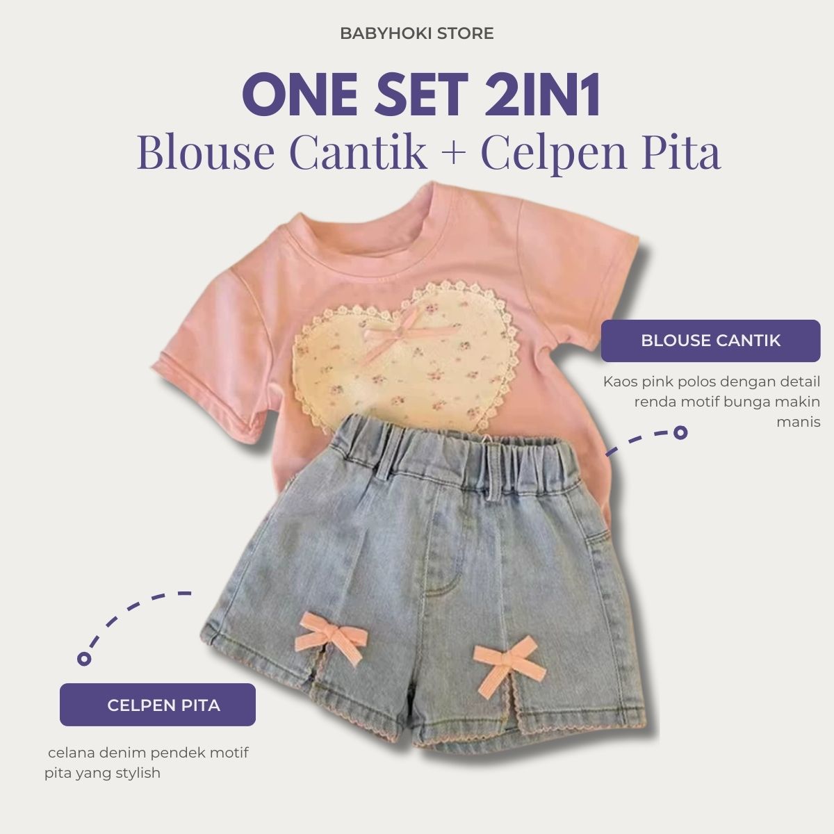 [363848] - Oneset 2in1 Daily Wear Casual Baju Setelan Atasan Kaos Lengan Pendek Bawahan Celana Pendek Denim Fashion Anak Perempuan Cewek - Motif White Love Flower