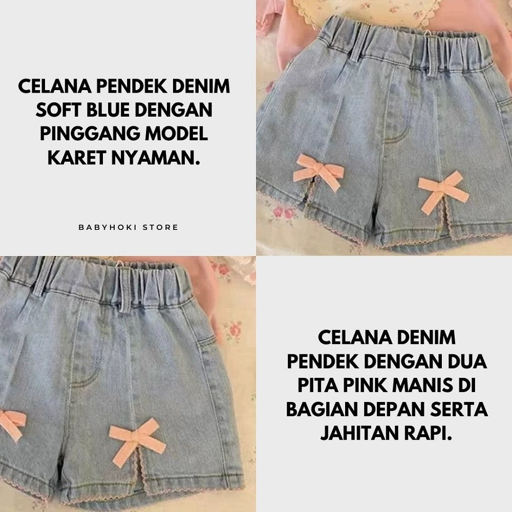 [363848] - Oneset 2in1 Daily Wear Casual Baju Setelan Atasan Kaos Lengan Pendek Bawahan Celana Pendek Denim Fashion Anak Perempuan Cewek - Motif White Love Flower