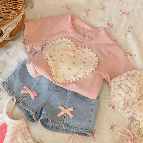 [363848] - Oneset 2in1 Daily Wear Casual Baju Setelan Atasan Kaos Lengan Pendek Bawahan Celana Pendek Denim Fashion Anak Perempuan Cewek - Motif White Love Flower