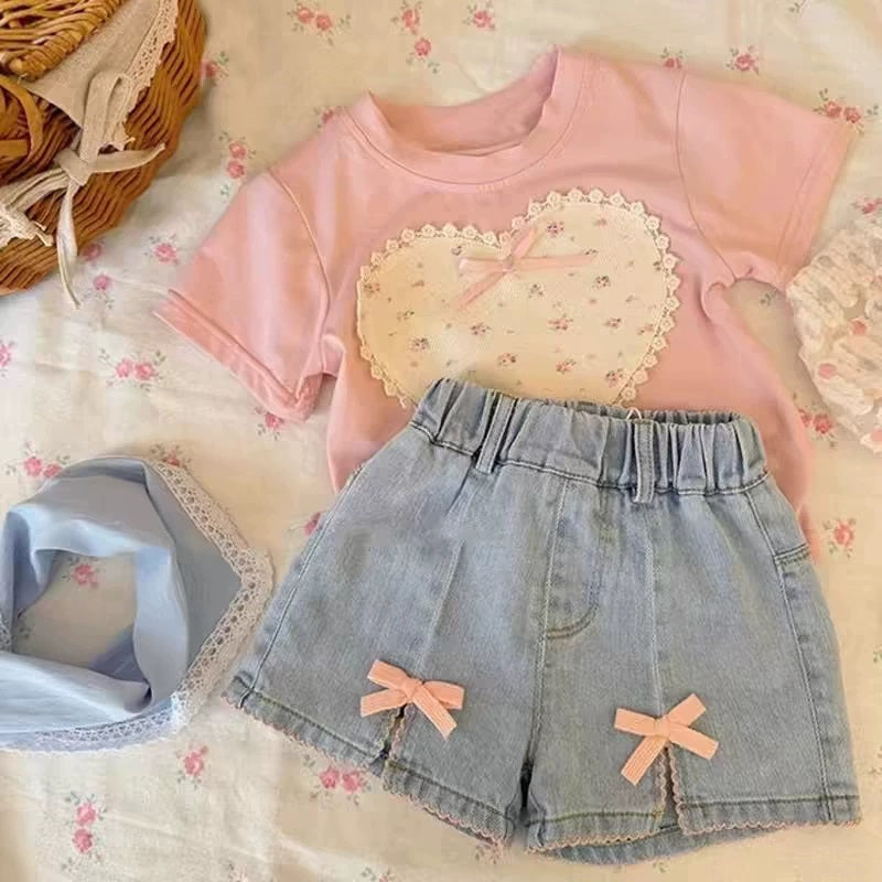 [363848] - Oneset 2in1 Daily Wear Casual Baju Setelan Atasan Kaos Lengan Pendek Bawahan Celana Pendek Denim Fashion Anak Perempuan Cewek - Motif White Love Flower