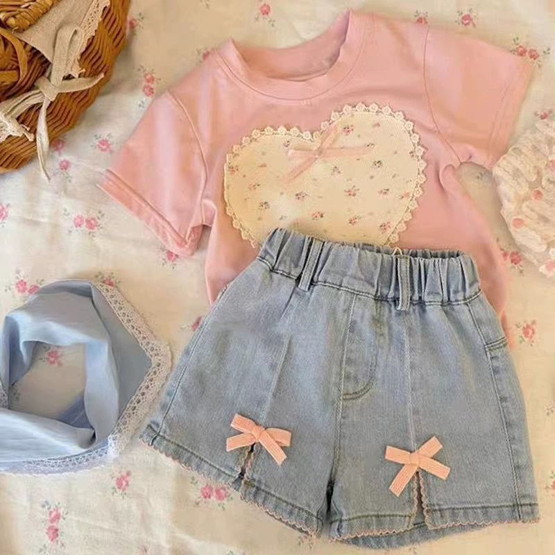 [363848] - Oneset 2in1 Daily Wear Casual Baju Setelan Atasan Kaos Lengan Pendek Bawahan Celana Pendek Denim Fashion Anak Perempuan Cewek - Motif White Love Flower