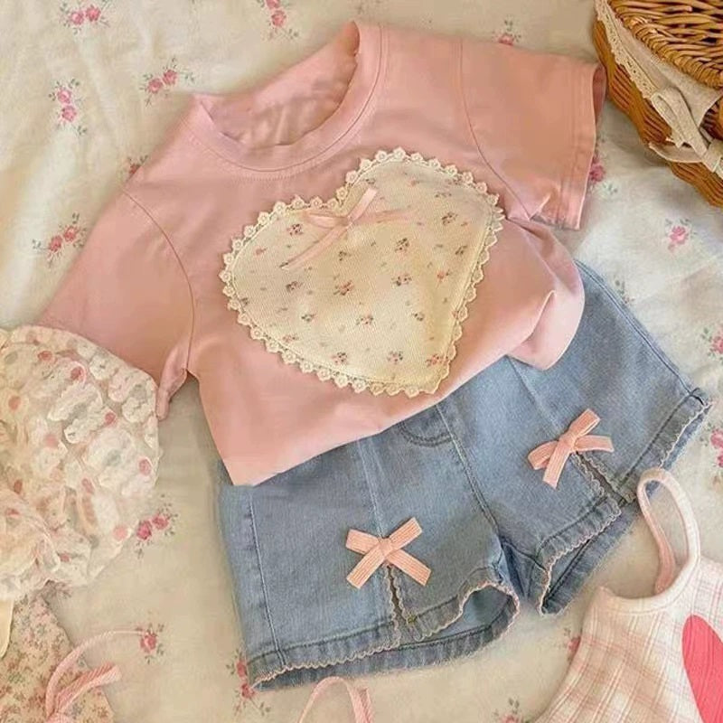 [363848] - Oneset 2in1 Daily Wear Casual Baju Setelan Atasan Kaos Lengan Pendek Bawahan Celana Pendek Denim Fashion Anak Perempuan Cewek - Motif White Love Flower