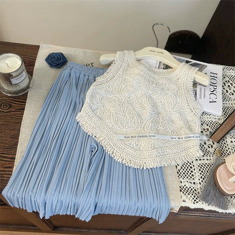 [363849] - Oneset Casual Modis 2in1 Korea Style Baju Setelan Atasan Rajut Lengan Kutung Bawahan Celana Panjang Fashion Anak Perempuan Cewek - Motif Tassel Pattern