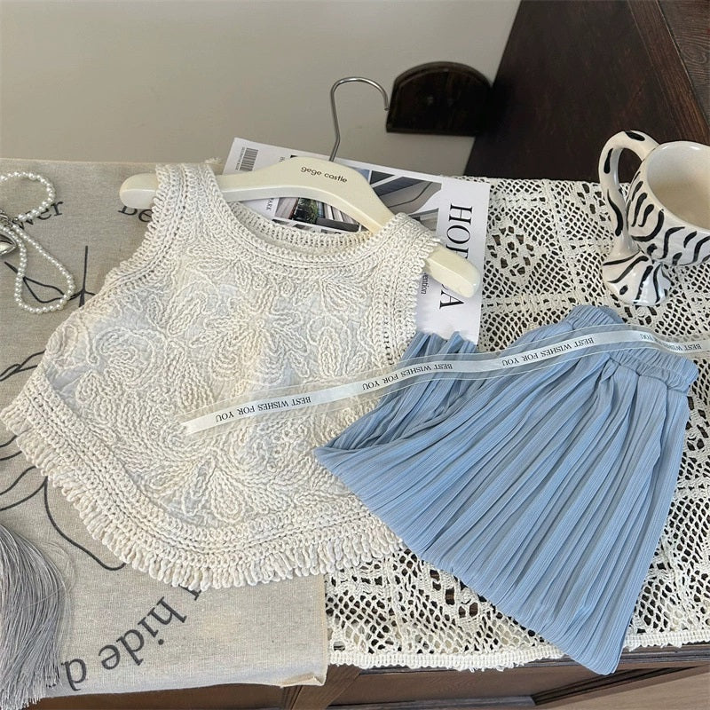 [363849] - Oneset Casual Modis 2in1 Korea Style Baju Setelan Atasan Rajut Lengan Kutung Bawahan Celana Panjang Fashion Anak Perempuan Cewek - Motif Tassel Pattern