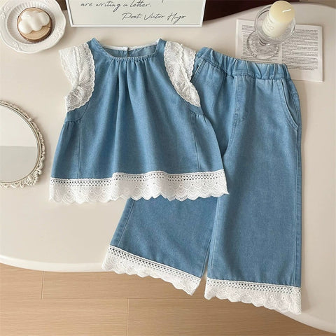 [363850] - Baju Setelan Oneset Modis Elegan Renda Lucu Atasan Blouse Denim Lengan Kutung Bawahan Celana Panjang Kulot Fashion Anak Perempuan