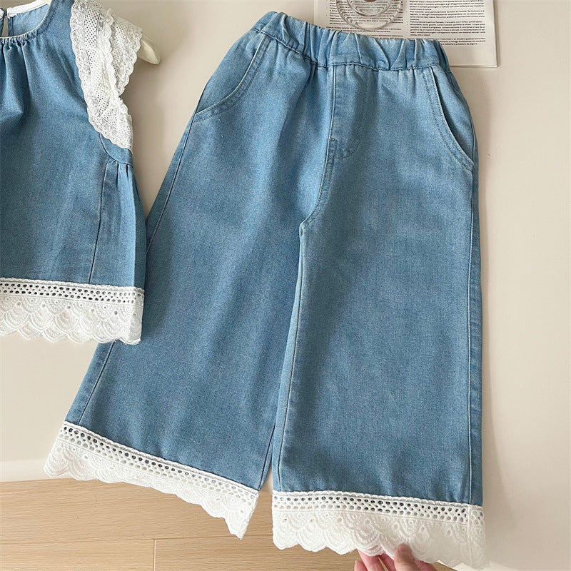 [363850] - Baju Setelan Oneset Modis Elegan Renda Lucu Atasan Blouse Denim Lengan Kutung Bawahan Celana Panjang Kulot Fashion Anak Perempuan