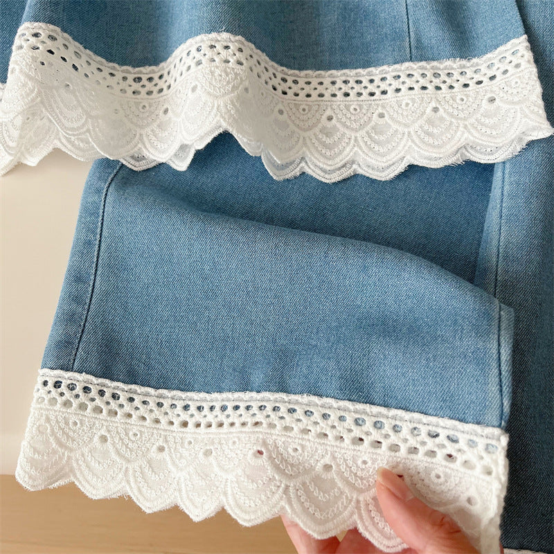 [363850] - Baju Setelan Oneset Modis Elegan Renda Lucu Atasan Blouse Denim Lengan Kutung Bawahan Celana Panjang Kulot Fashion Anak Perempuan