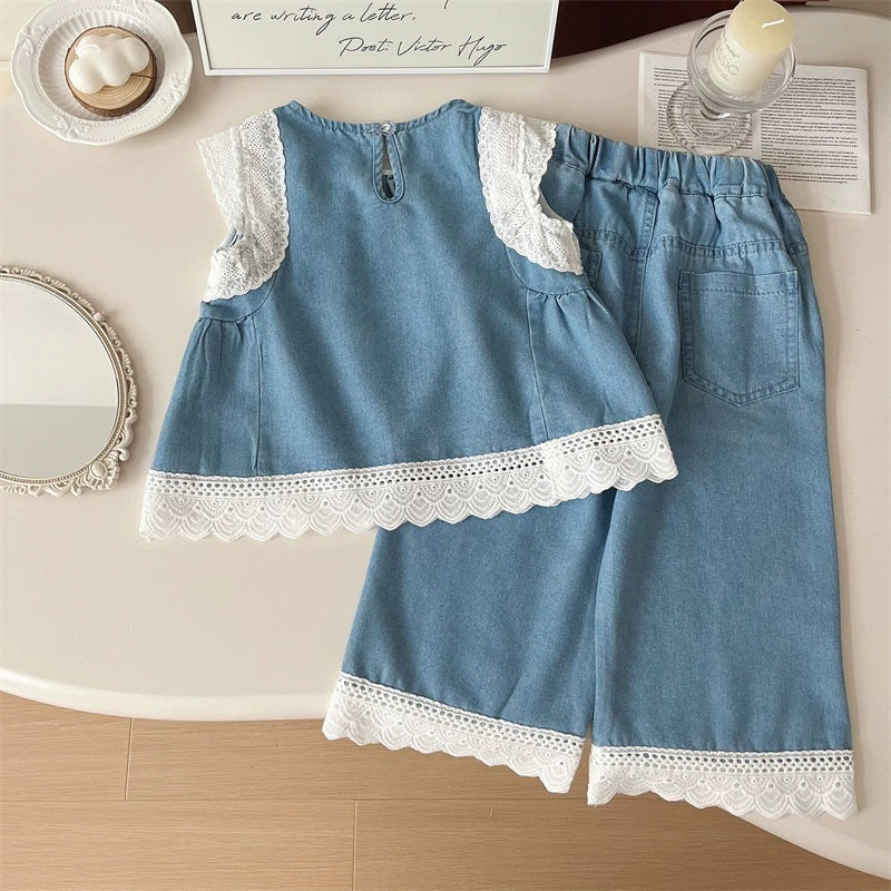 [363850] - Baju Setelan Oneset Modis Elegan Renda Lucu Atasan Blouse Denim Lengan Kutung Bawahan Celana Panjang Kulot Fashion Anak Perempuan
