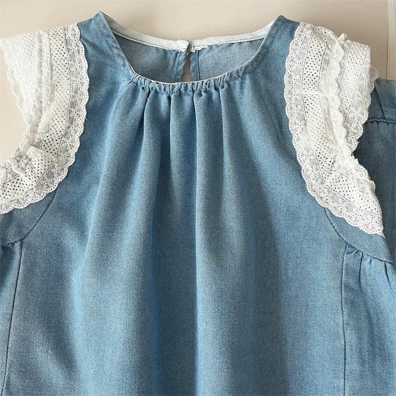 [363850] - Baju Setelan Oneset Modis Elegan Renda Lucu Atasan Blouse Denim Lengan Kutung Bawahan Celana Panjang Kulot Fashion Anak Perempuan