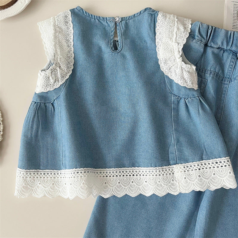 [363850] - Baju Setelan Oneset Modis Elegan Renda Lucu Atasan Blouse Denim Lengan Kutung Bawahan Celana Panjang Kulot Fashion Anak Perempuan