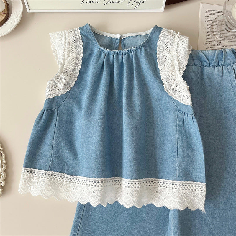 [363850] - Baju Setelan Oneset Modis Elegan Renda Lucu Atasan Blouse Denim Lengan Kutung Bawahan Celana Panjang Kulot Fashion Anak Perempuan