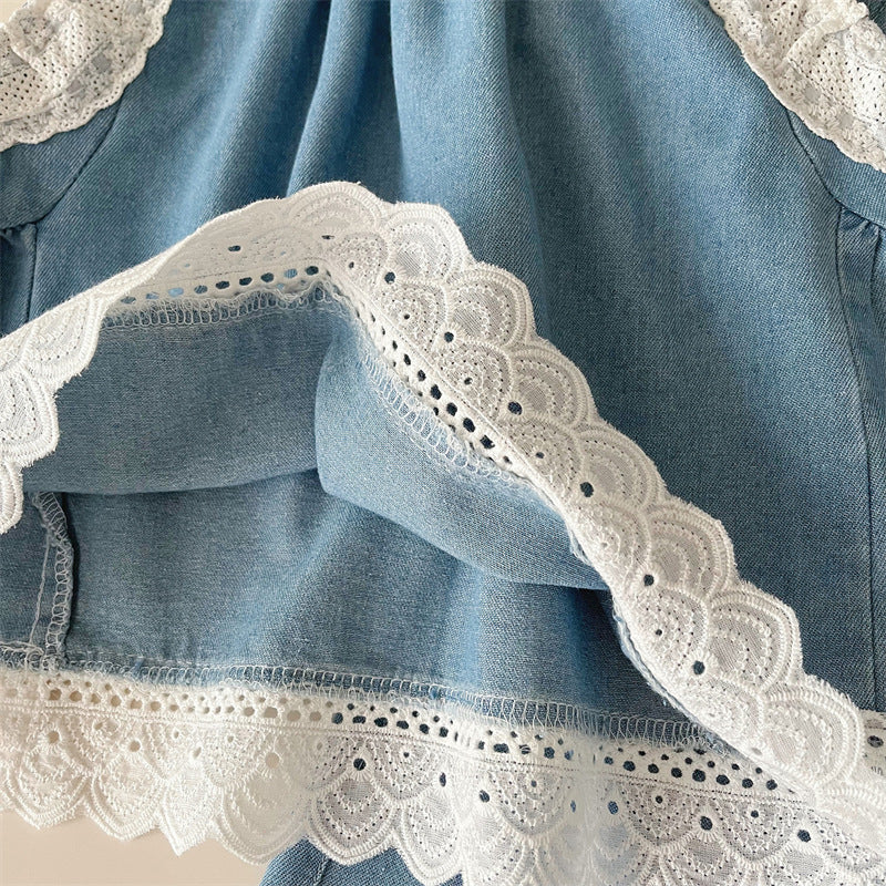 [363850] - Baju Setelan Oneset Modis Elegan Renda Lucu Atasan Blouse Denim Lengan Kutung Bawahan Celana Panjang Kulot Fashion Anak Perempuan