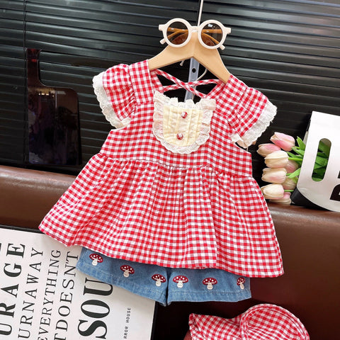 [363851] - Oneset Anak Cewek Baju Setelan Atasan Blouse Lengan Pendek Bawahan Celana Pendek Denim Fashion Anak Perempuan