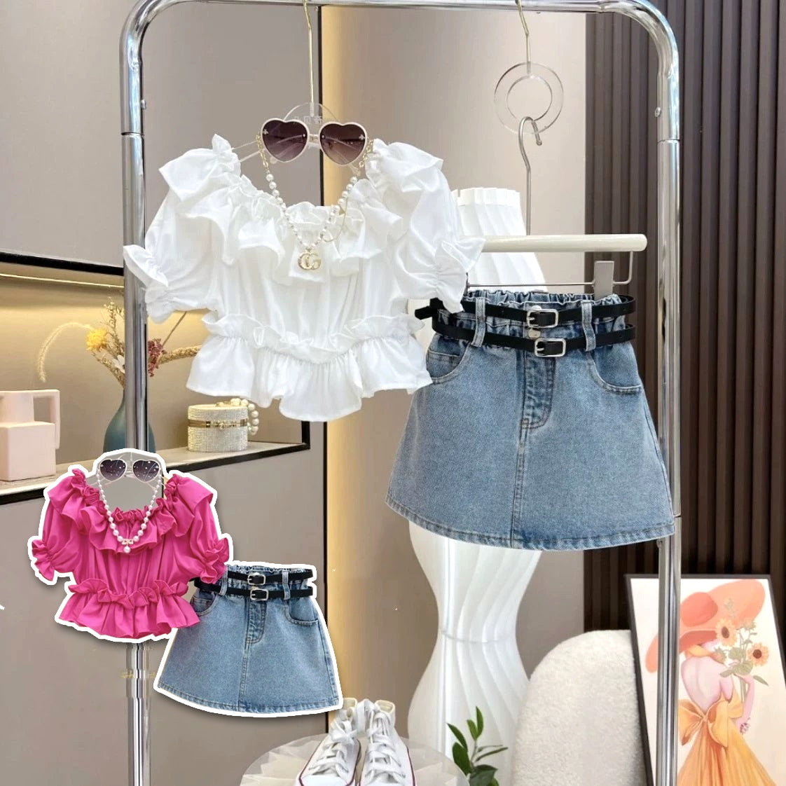 [363852] - Oneset 2in1 Modis Ala Korea Baju Setelan Atasan Blouse Lengan Pendek Bawahan Rok Denim Fashion Anak Perempuan Cewek - Motif Plain Ruffle