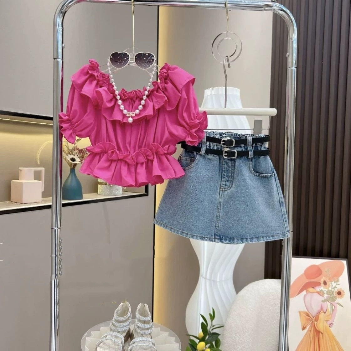 [363852] - Oneset 2in1 Modis Ala Korea Baju Setelan Atasan Blouse Lengan Pendek Bawahan Rok Denim Fashion Anak Perempuan Cewek - Motif Plain Ruffle