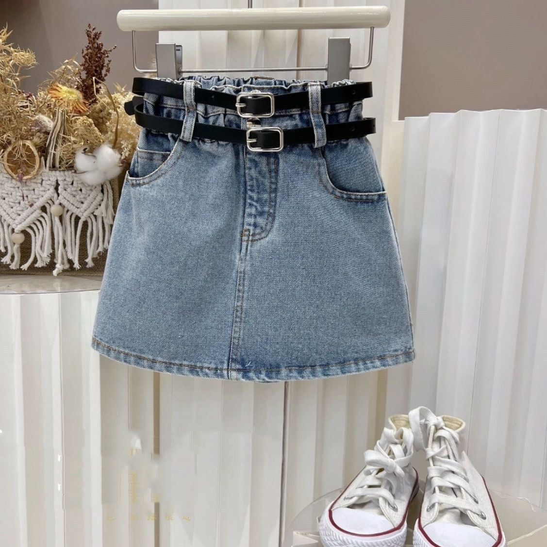 [363852] - Oneset 2in1 Modis Ala Korea Baju Setelan Atasan Blouse Lengan Pendek Bawahan Rok Denim Fashion Anak Perempuan Cewek - Motif Plain Ruffle
