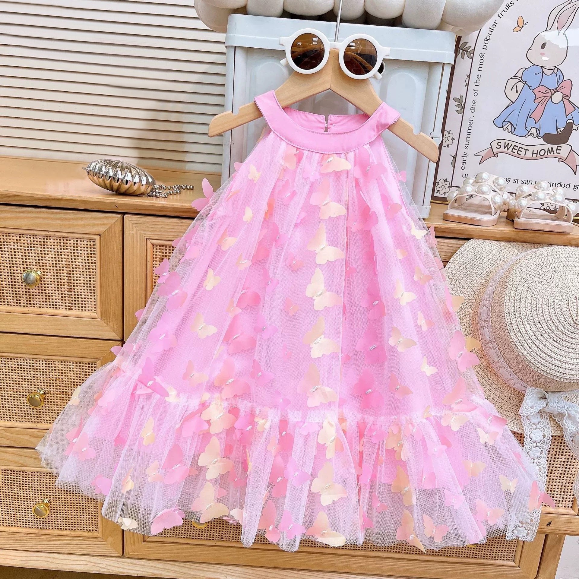 [363854] - Gaun Cantik Pink Baju Dress Lengan Kutung Fashion Anak Perempuan Cewek - Motif Butterfly
