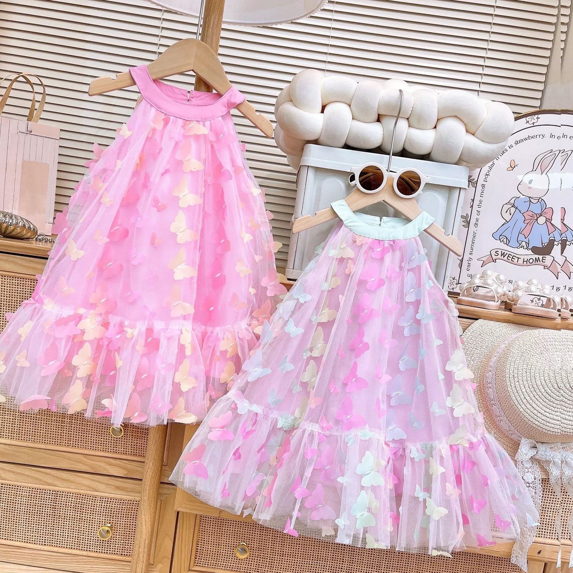 [363854] - Gaun Cantik Pink Baju Dress Lengan Kutung Fashion Anak Perempuan Cewek - Motif Butterfly