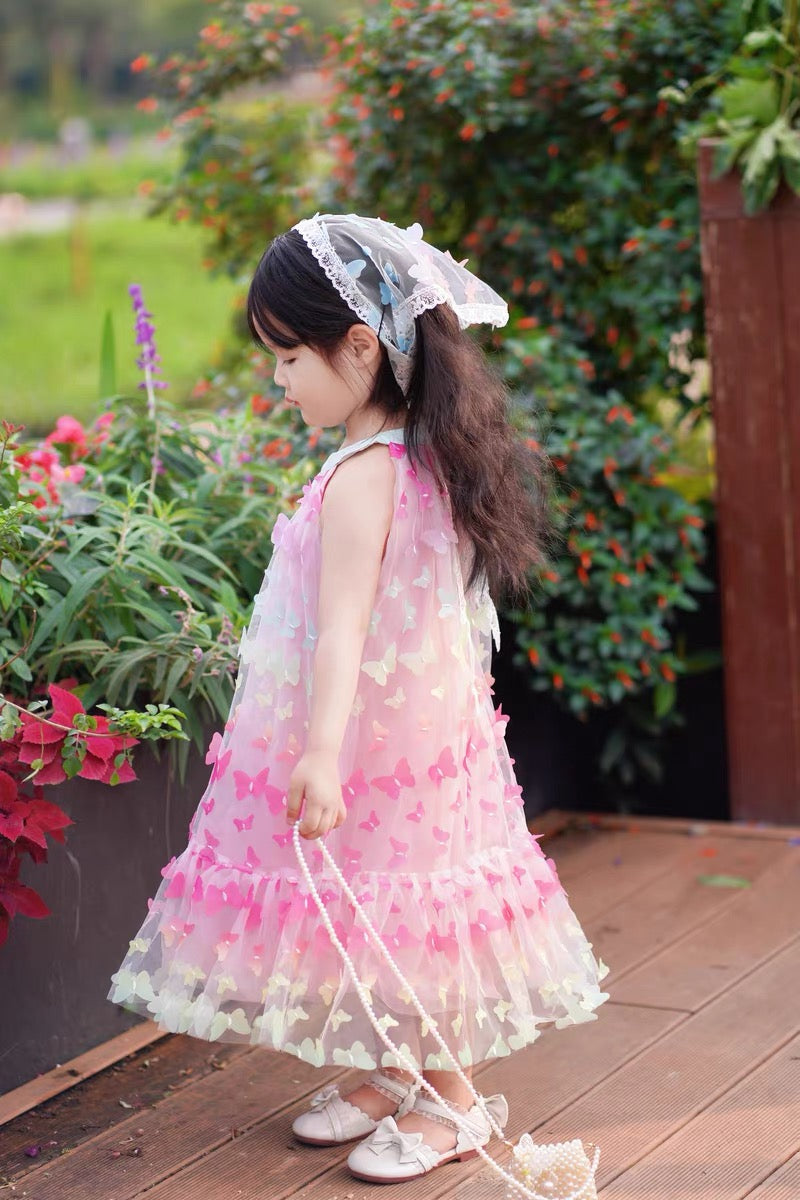 [363854] - Gaun Cantik Pink Baju Dress Lengan Kutung Fashion Anak Perempuan Cewek - Motif Butterfly